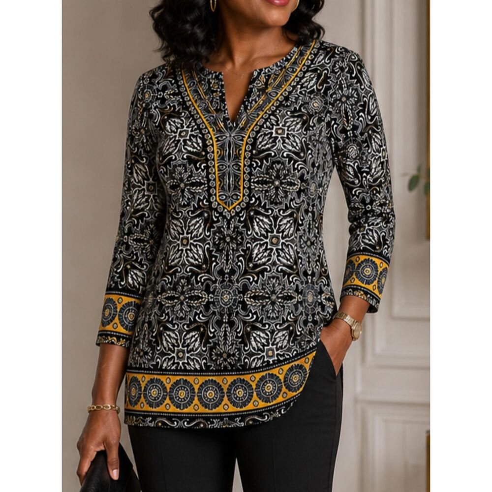 JM Collection Tunic Top Medium Black Yellow Boho Stretch 3/4 Sleeve